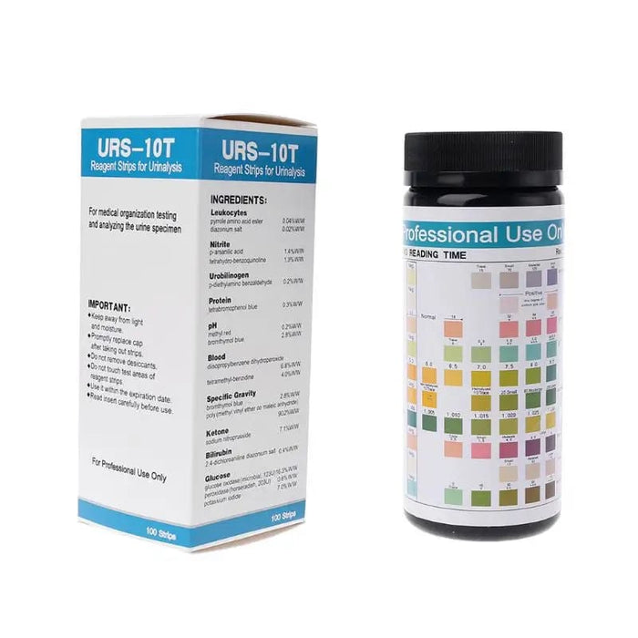 Pack of 100 URS-10T urinalysis reagent strips by 9eight5 for testing 10 health parameters, used in medical diagnostic tools.