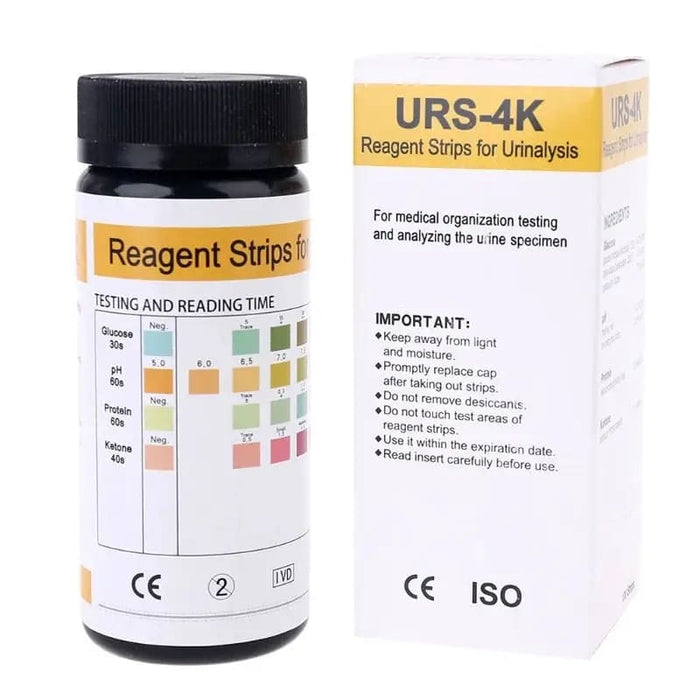Pack of 100 URS-4K urinalysis reagent strips by 9eight5 showing multi-parameter testing strips for medical analysis.