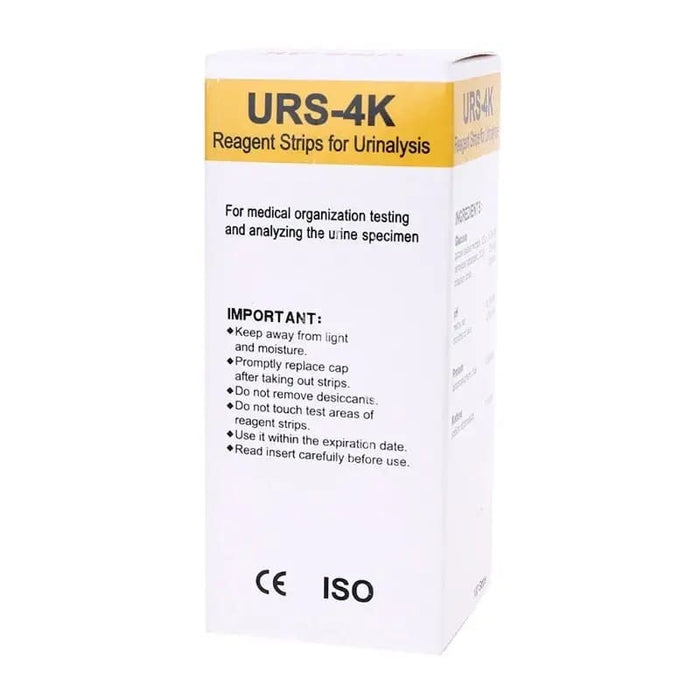 Pack of 100 URS-4K urinalysis reagent strips by 9eight5, designed for testing four parameters in diagnostic tools and kits.