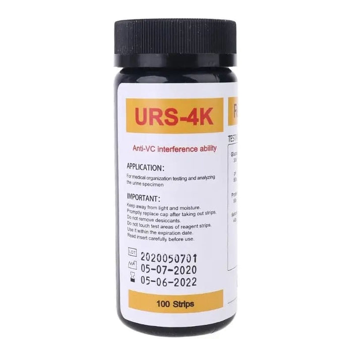 Pack of 100 URS-4K urinalysis reagent strips by 9eight5 showing multi-parameter testing strips for urine analysis.