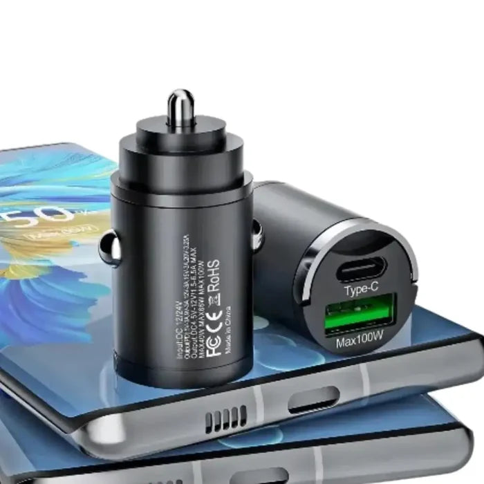 Habicare 100W Mini USB-C fast car charger adapter from 9eight5, compact design with USB-C port for quick device charging.