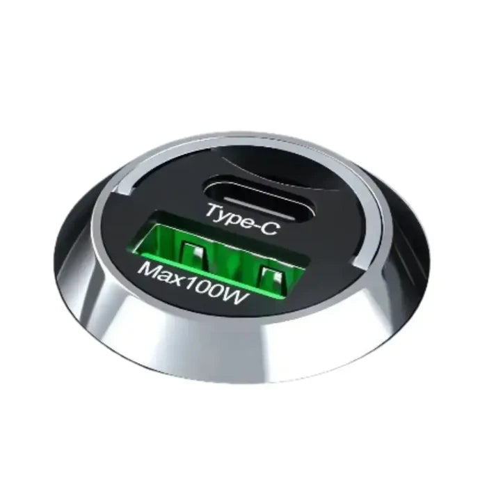 Habicare 9eight5 100W Mini USB-C fast car charger adapter plugged into a vehicle's power outlet.