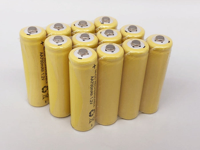 Set of 12 dealonlinenz 1.2V AA rechargeable Ni-Cd batteries with 700mAh capacity, shown in a product image.