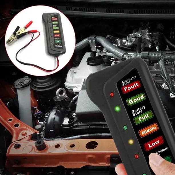 9eight5 12V LED car battery load tester showing digital display and testing clamps on a vehicle battery for accurate testing.