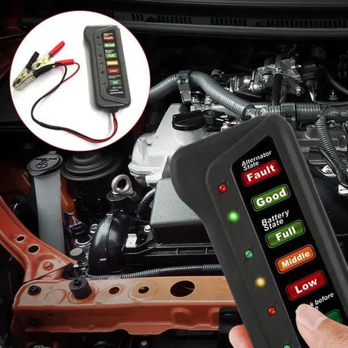 9eight5 12V LED car battery load tester showing digital display and testing clamps on a vehicle battery for accurate testing.