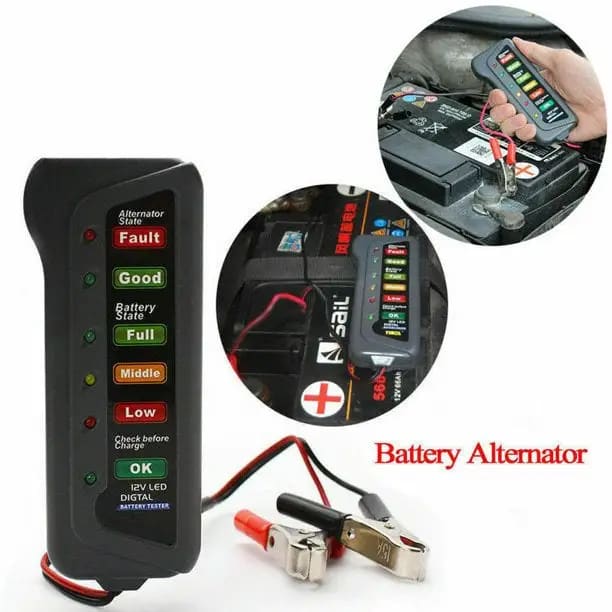 9eight5 12V LED car battery load tester showing digital display and testing clamps for automotive battery diagnostics