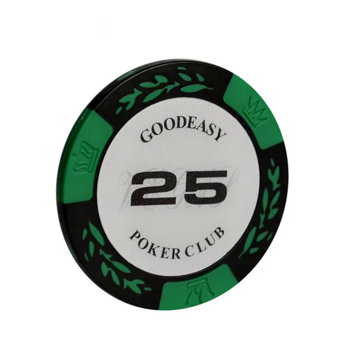Set of 25 14g poker chips with casino tokens, featuring colorful designs for poker and casino games.