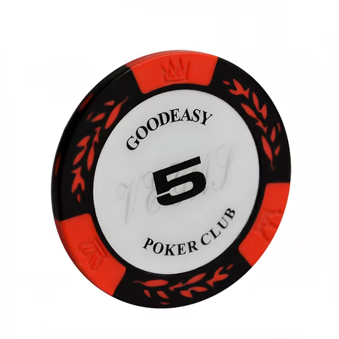 Set of 25 colorful 14g poker chips with casino tokens, ideal for poker games and gambling activities.