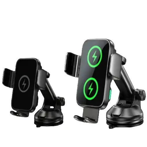 Black 15W wireless car charger and phone holder by 9eight5 from Habicare, designed to securely hold and charge smartphones in vehicles.