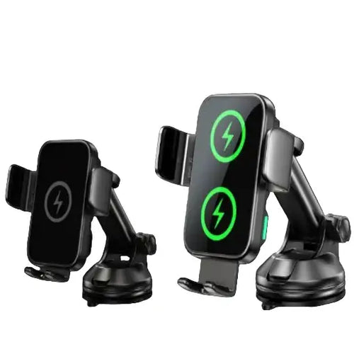 Black 15W wireless car charger and phone holder by 9eight5 from Habicare, designed to securely hold and charge smartphones in vehicles.