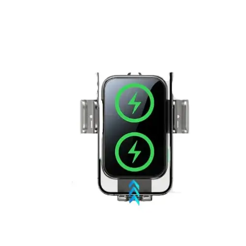 Black 15W wireless car charger phone holder by 9eight5 from Habicare, mounted in a vehicle for hands-free charging.