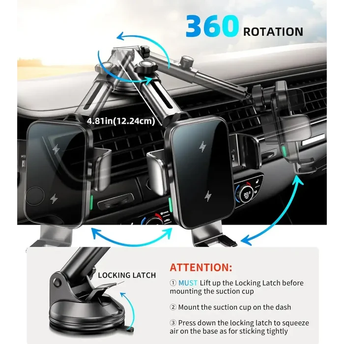 Black 9eight5 Habicare 15W wireless car charger phone holder mounted in a vehicle dashboard.