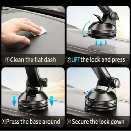 Black 9eight5 Habicare 15W wireless car charger and phone holder mounted in a vehicle for secure use while driving.