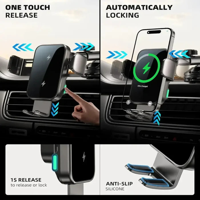 Black 15W wireless car charger phone holder by 9eight5 from Habicare, designed for secure smartphone mounting during driving.