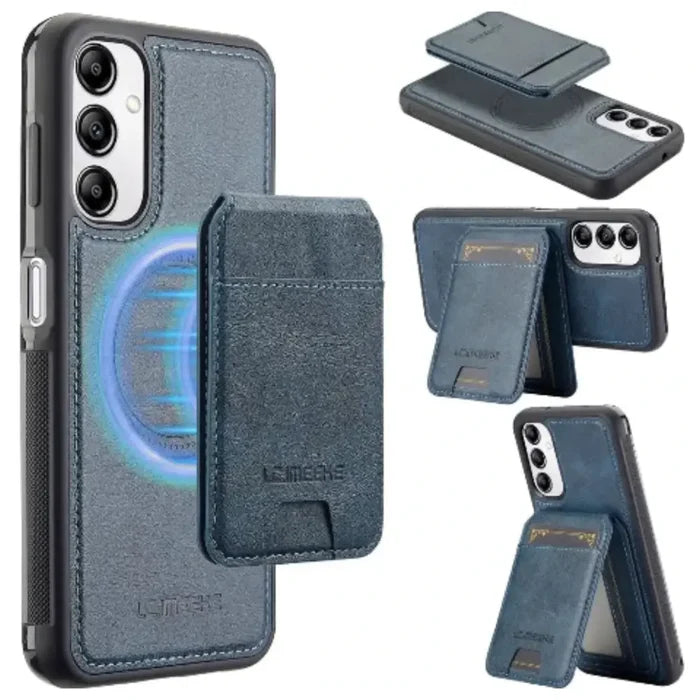 Blue 9eight5 leather 2-in-1 magnetic case for Samsung series, featuring secure closure and durable design by Habicare.