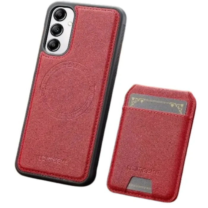 Red 9eight5 leather 2-in-1 magnetic case for Samsung Series smartphones, featuring a sleek, durable design.