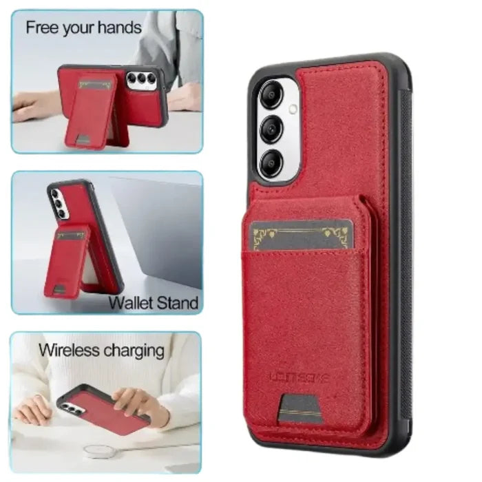 Red 9eight5 leather 2-in-1 magnetic phone case for Samsung series, featuring durable leather and versatile design.