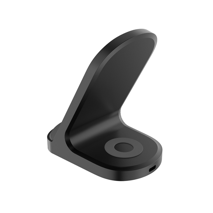 Techplus 2-in-1 wireless charger stand with 15W for phones and earbuds, showing the charging station with a phone and earbuds placed on it.