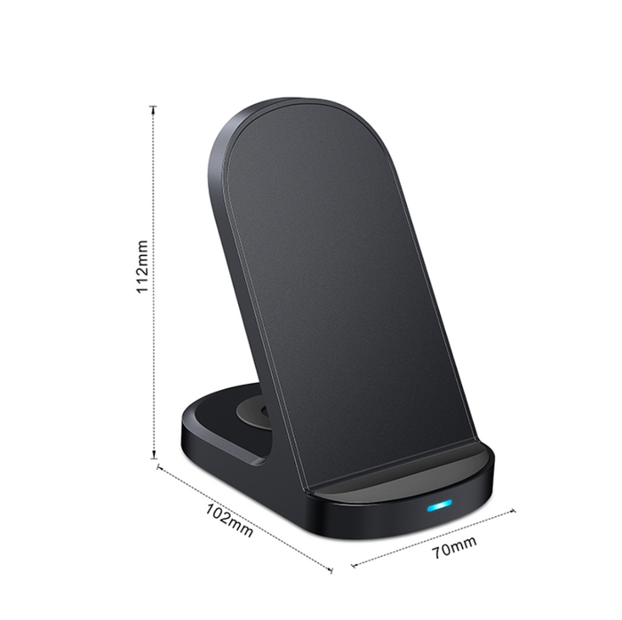 Techplus 2-in-1 wireless charger stand with 15W for phones and earbuds, showing the charging station with devices in place.