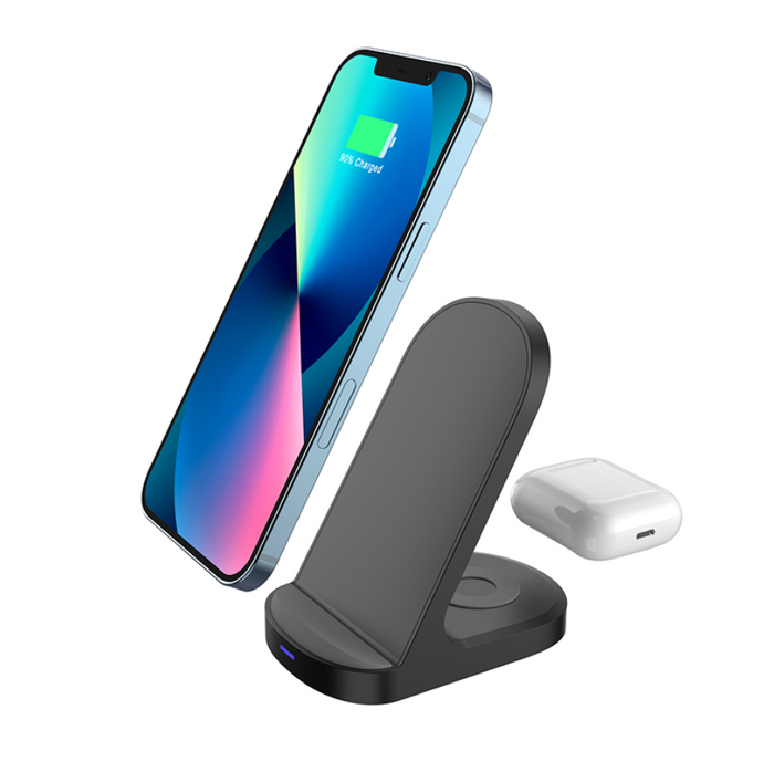 Techplus 2-in-1 wireless charger stand with 15W for phone and earbuds, featuring a sleek design and easy charging setup.