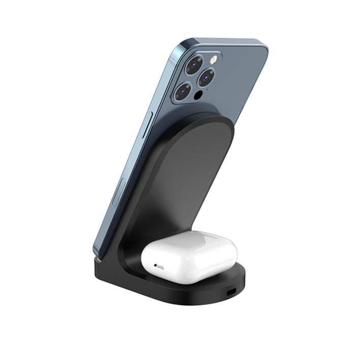 Techplus 2-in-1 wireless charger stand with 15W for phone and earbuds, showing the charging station with devices placed on it.