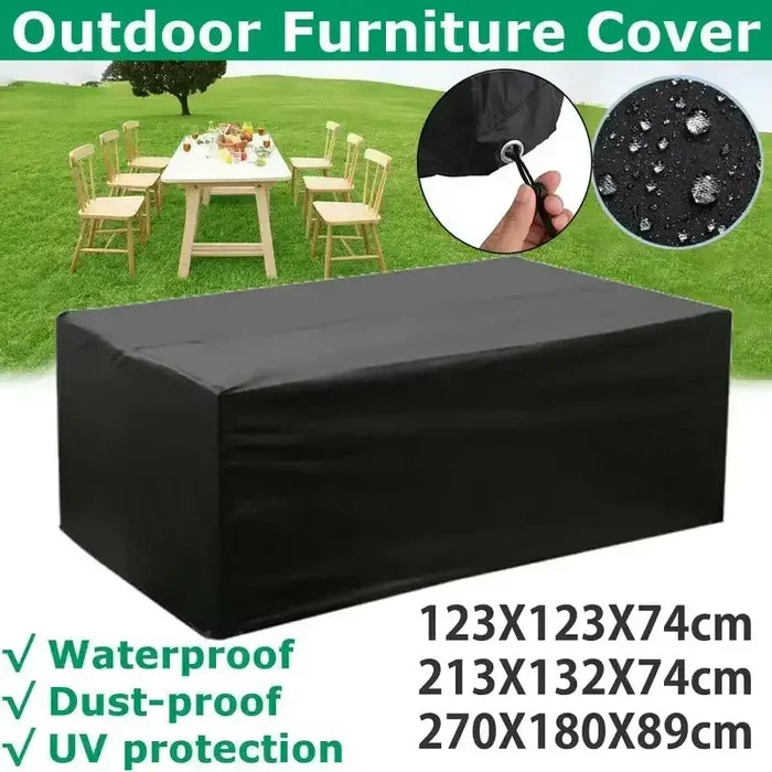 Habicare 210D Oxford waterproof garden table cover, UV and windproof, shown on a table in various sizes