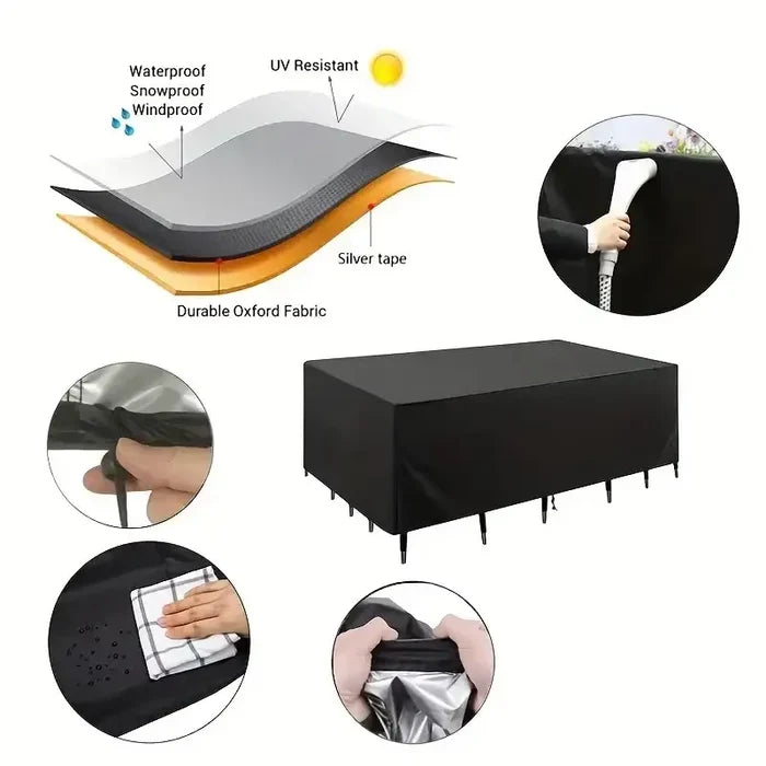 Habicare 210D Oxford waterproof garden table cover, UV and windproof, available in various sizes, protects outdoor tables from weather.