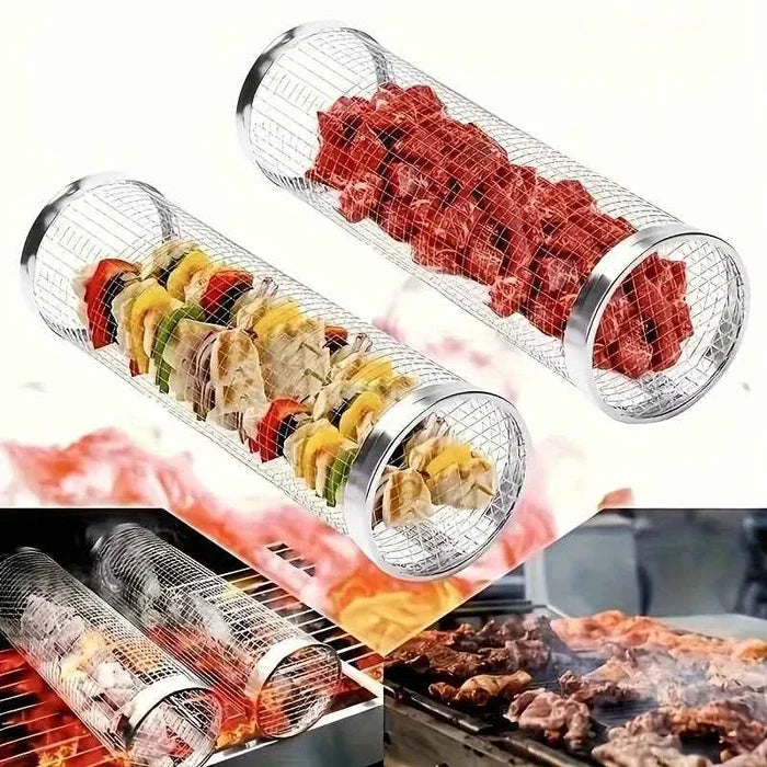 Two stainless steel grill baskets from ShopHub NZ, perfect for grilling vegetables and seafood on the barbecue.