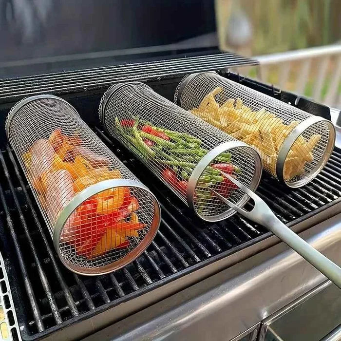 Two stainless steel grill baskets for barbecuing, perfect for grilling vegetables and seafood, from ShopHub NZ.