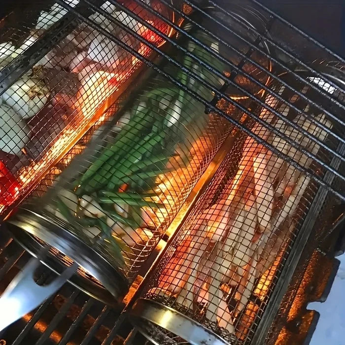 Two stainless steel grill baskets set for grilling vegetables and meats, designed for even cooking and easy handling.