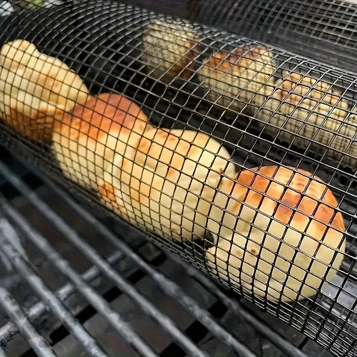 Two stainless steel grill baskets from ShopHub NZ for grilling vegetables, seafood, and meats on outdoor barbecues.