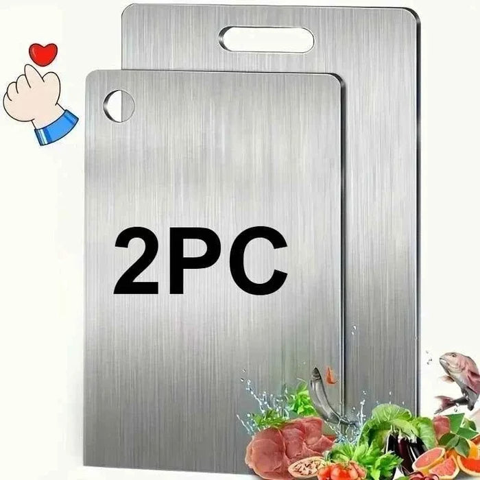 Two stainless steel chopping boards from ShopHub NZ in a set, showing durable, sleek design for food preparation.