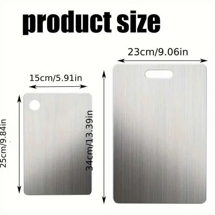 Two stainless steel chopping boards in a set, ideal for food prep and cooking, with a sleek, durable design.