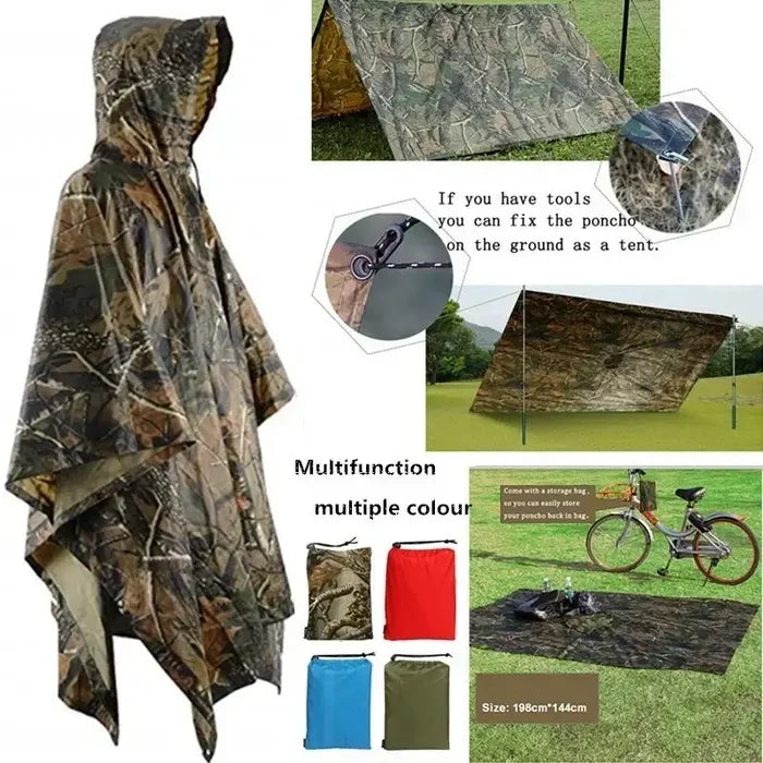 Habicare 3-in-1 rain poncho, waterproof tent, and picnic mat, shown as a versatile multifunctional outdoor gear in a hiking setting.