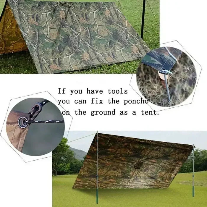 Habicare 3-in-1 rain poncho, waterproof tent, and picnic mat for hiking and outdoor activities, shown in a versatile camping setup.