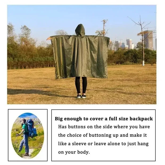 Habicare 3-in-1 rain poncho, waterproof tent, and picnic mat for outdoor activities, shown in a versatile, multifunctional design.