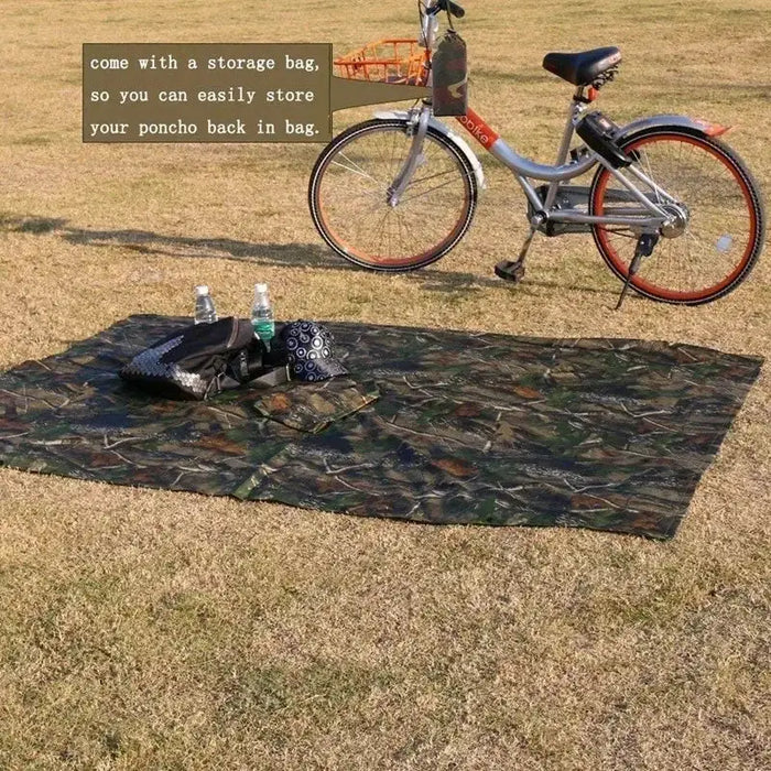 Habicare 3-in-1 rain poncho, waterproof tent, and picnic mat in green, designed for hiking, cycling, and outdoor activities.