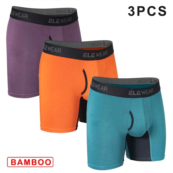 Three pairs of breathable bamboo men's boxer shorts with front openings, featuring comfortable fit and natural fabric.