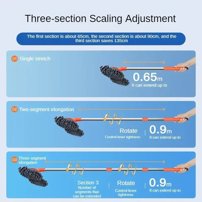 Habicare 3-Section Telescopic Car Wash Mop with double brush head, adjustable length and ergonomic handle for vehicle cleaning.