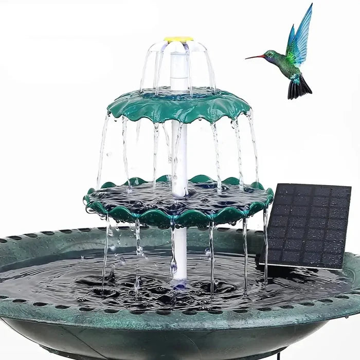 Habicare 3-Tier Bird Bath with detachable DIY solar fountain and 25W pump, made of stainless steel, ideal for garden birds.