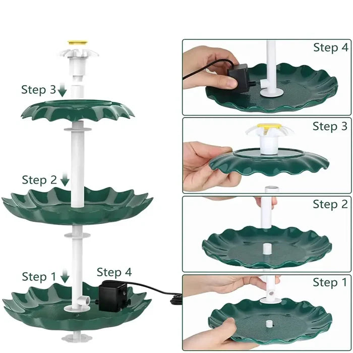 Habicare 3-tier stainless steel bird bath with detachable DIY solar fountain and 25W pump, outdoor garden water feature