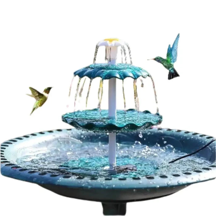 Habicare SS 3-tier bird bath with detachable DIY solar fountain and 25W pump, featuring a stylish outdoor water feature