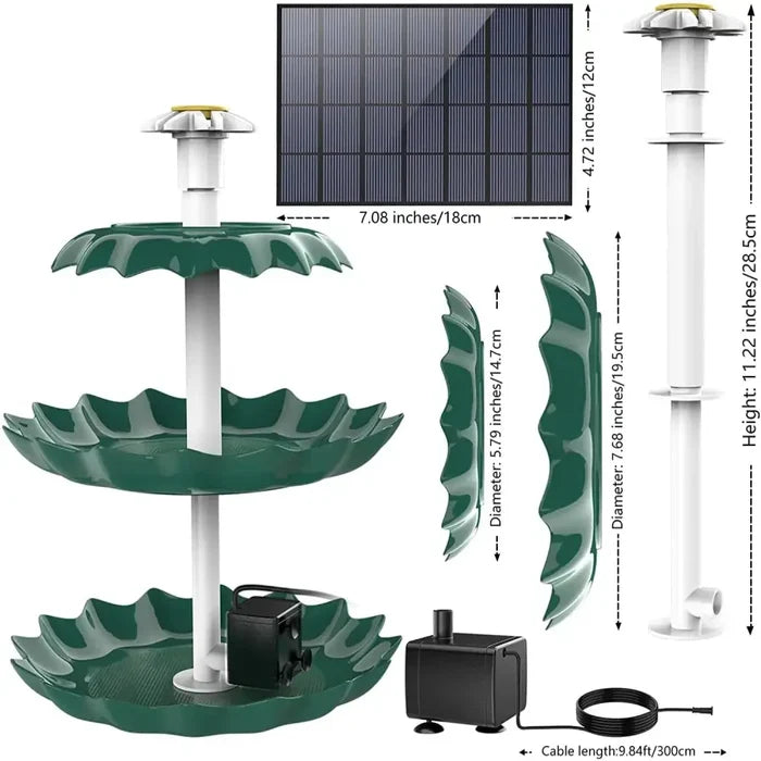 Habicare 3-tier stainless steel bird bath with detachable DIY solar fountain and 25W pump, outdoor garden water feature.