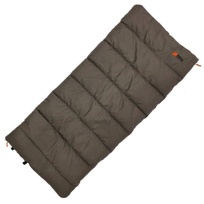 Olive green compact sleeping bag, lightweight, durable fabric, perfect for camping and outdoor adventures.
