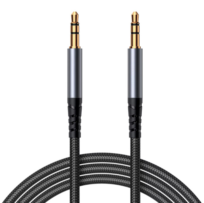 Techplus 3.5mm male to male AUX audio adapter cable showing the black cable with metal connectors on both ends.