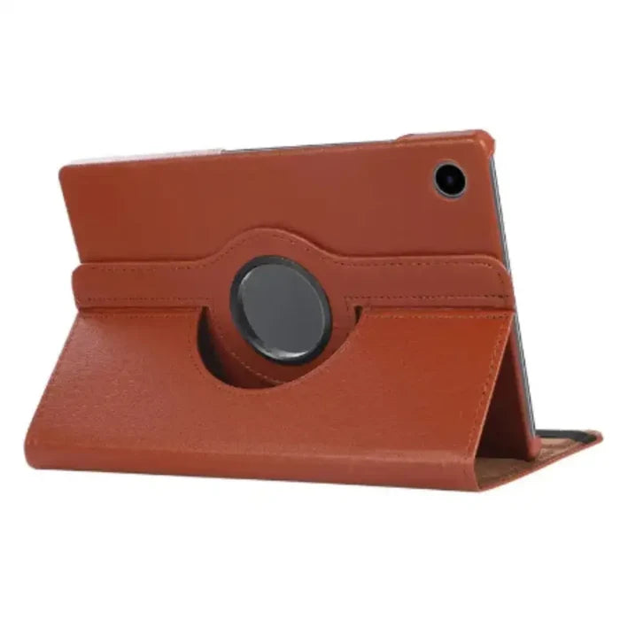 Brown 360° rotating case for Samsung Galaxy Tab by 9eight5, featuring adjustable stand and protective design by Habicare.