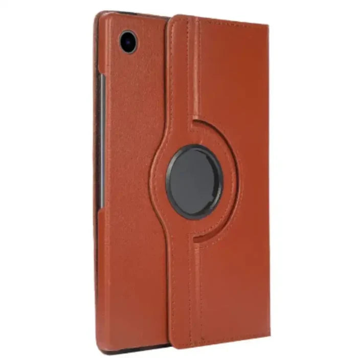 Brown 9eight5 360° rotating case for Samsung Galaxy Tab, made by Habicare, featuring a durable design and adjustable stand.