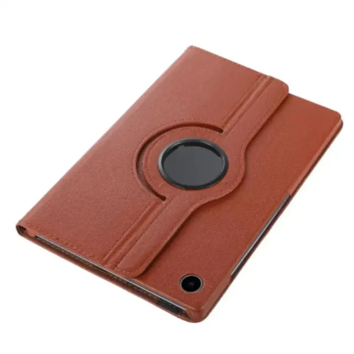 Brown 360° rotating case for Samsung Galaxy Tab by 9eight5 from Habicare, featuring a sturdy design and adjustable stand.