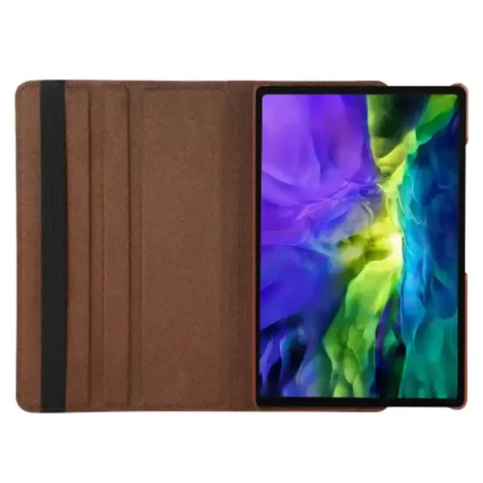 Brown 360° rotating case for Samsung Galaxy Tab by 9eight5, designed by Habicare, showing the case open with rotating stand feature.