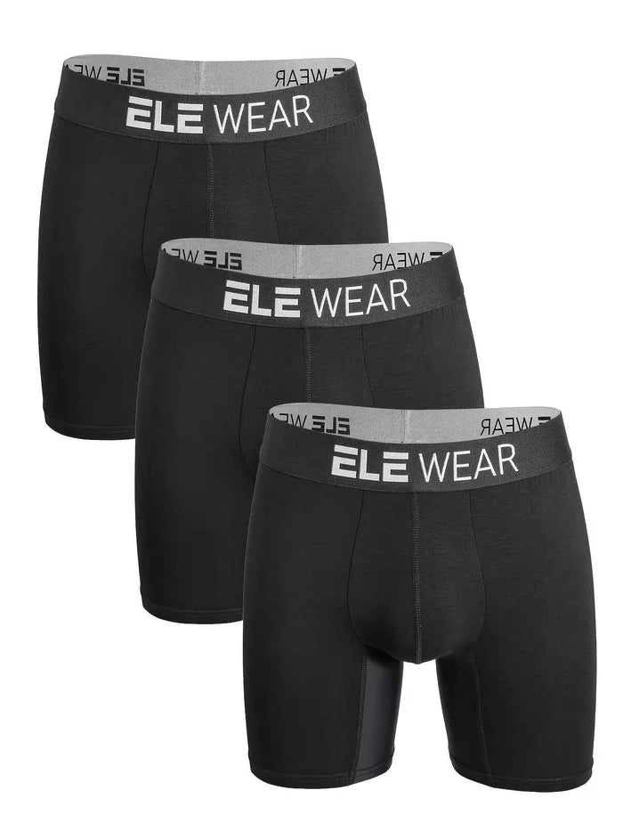 Three bamboo men's long boxer briefs from ShopHub NZ, featuring comfortable, breathable fabric and a snug fit.